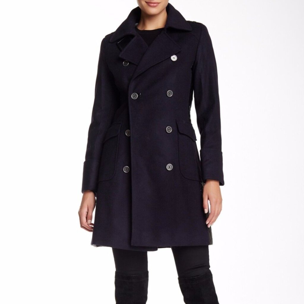 $750 Barbour Lieutenant Wool Cashmere Blend Coat Mix Media Faux Leather Navy